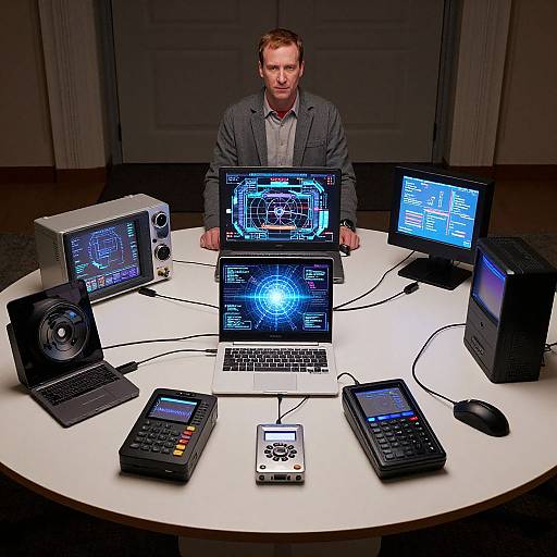 Photograph of a man in a gray suit standing behind a white table with multiple high-tech laptops and devices, all displaying blue and black digital interfaces.