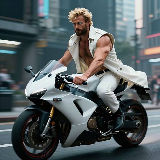 Photorealistic CGI: Muscular, blonde, bearded man in white sleeveless jacket and pants, riding a white sport motorcycle, speeding through a