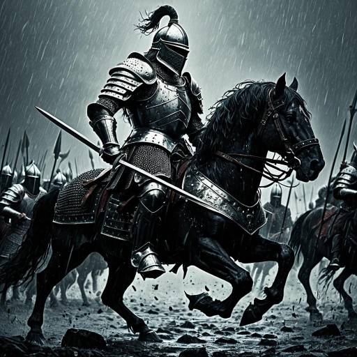 Armored Medieval Knight on Horseback in Rainy Battle Armored Medieval Knight on Horseback in Rainy Battle