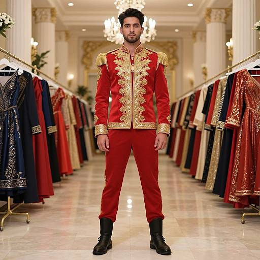Photograph of a bearded man in a red, gold-embroidered military-style jacket and matching pants, standing in a luxurious showroom with rows