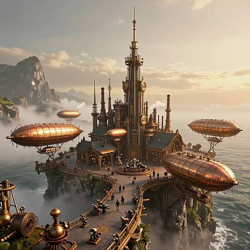 Fantastical, steampunk floating island city with ornate towers, golden airships, and misty seascape at sunset. Detailed CGI art