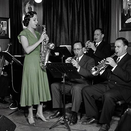 Black-and-white photograph of a jazz quartet: a woman in a green dress playing saxophone, three men in suits playing trombone, trumpet,