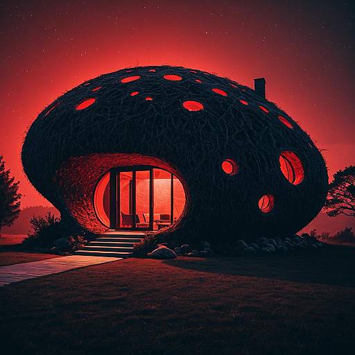 Organic Blob-Shaped House with Red Glow