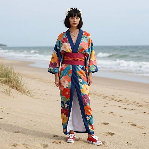 Asian woman in vibrant floral kimono with blue trim, red obi, and red sneakers, standing on a sandy beach with ocean waves in the background