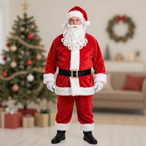 Photograph of a full-bodied, bearded Santa Claus in red suit with white trim, black belt, and boots, standing in a festive living room