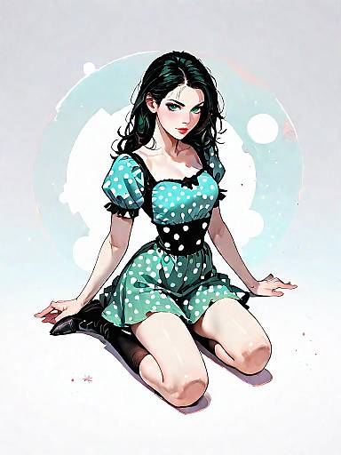 Woman in Green Polka Dot Dress Kneeling