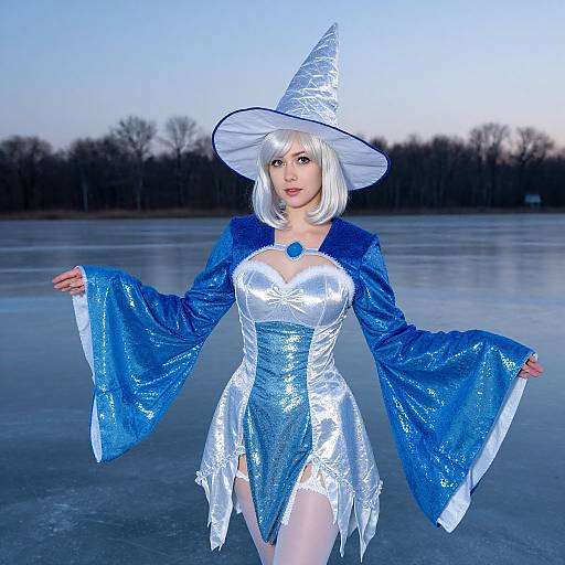 Photograph of a pale-skinned woman in a silver and blue glittery witch costume, white bob haircut, wide-brimmed hat, blue cape