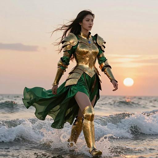 Warrior Woman in Golden Armor at Sunset