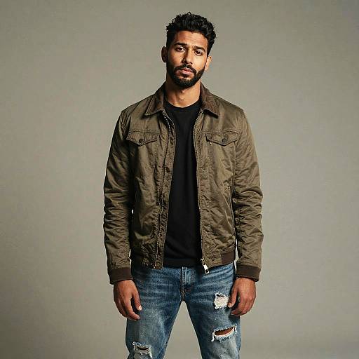 Photograph of a bearded, dark-haired man with medium skin tone, wearing a olive bomber jacket and ripped blue jeans, standing against a plain gray