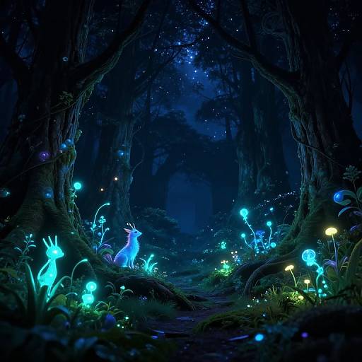 Digital fantasy artwork: Enchanted forest at night, illuminated by glowing blue and green fairy-like creatures and bioluminescent plants, surrounded by dark