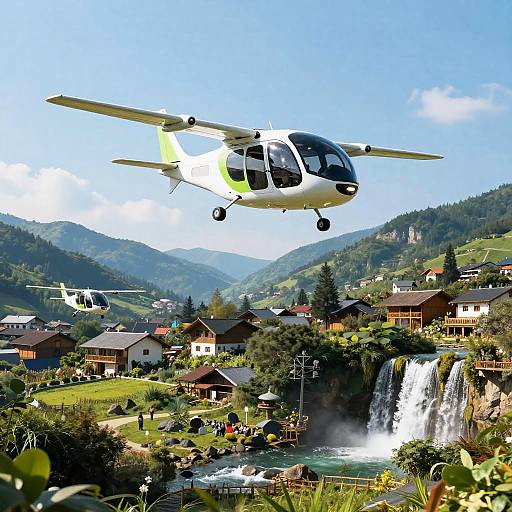 Serene Mountain Village with Eco Flying Vehicles