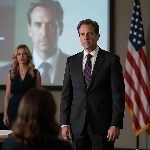 Man in Suit Standing in Conference Room with American Flag