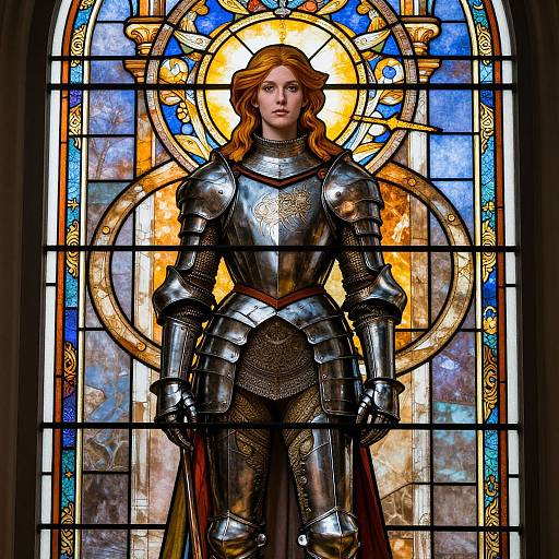 Digital painting of a red-haired woman in shiny medieval armor standing before a vibrant stained glass window, haloed in light.