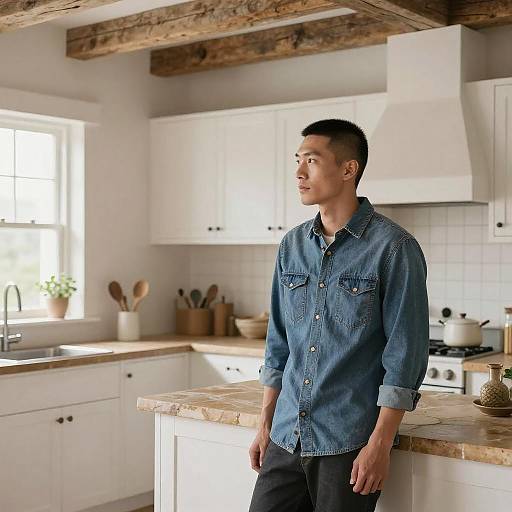 Photograph of a young Asian man in a blue denim shirt, standing in a bright, rustic kitchen with white cabinets and wooden beams. Natural light streams