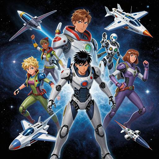 Anime-style digital artwork of five space pilots in futuristic suits, standing back-to-back with jets in a starry background. Central male pilot in white and
