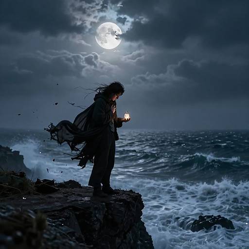 Silhouetted figure with long hair and tattered cloak, holding a glowing flame, stands on rocky shore under a bright full moon, turbulent ocean