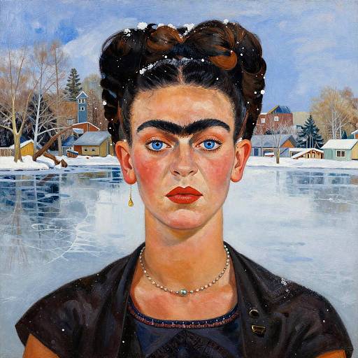 Digital painting of a woman with blue eyes, red lips, dark hair in buns, wearing a black jacket and pearl necklace, standing in front of