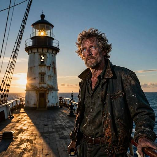 Photograph of a rugged, disheveled man with tousled hair and beard, wearing a dirty, dark jacket, standing on a wooden ship deck