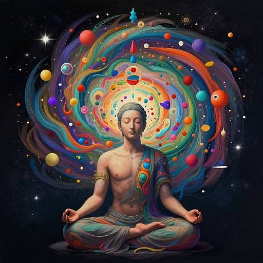Digital artwork of a meditating, shirtless, Asian man with a colorful, swirling galaxy of planets and energy orbs behind him.