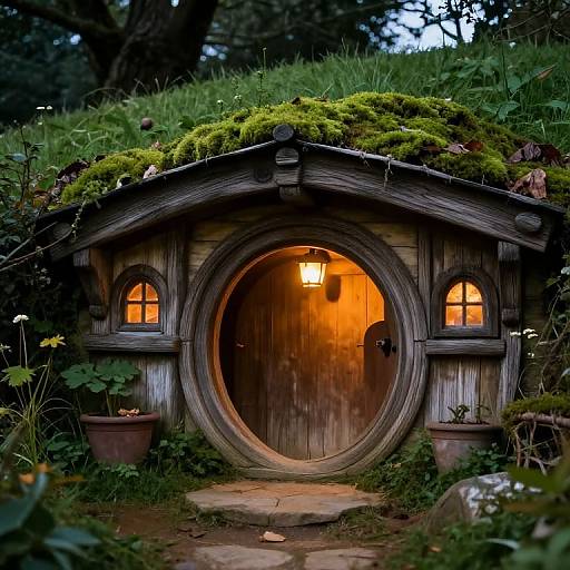 Photograph of a charming, moss-covered, wooden hobbit house with a circular door, warm orange light, and potted plants in a lush,