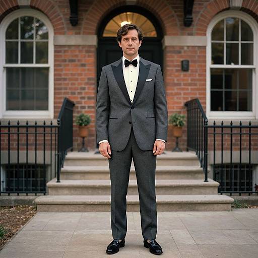 Photograph of a handsome man with light skin and brown hair, wearing a grey tuxedo with black bow tie, standing on steps in front of