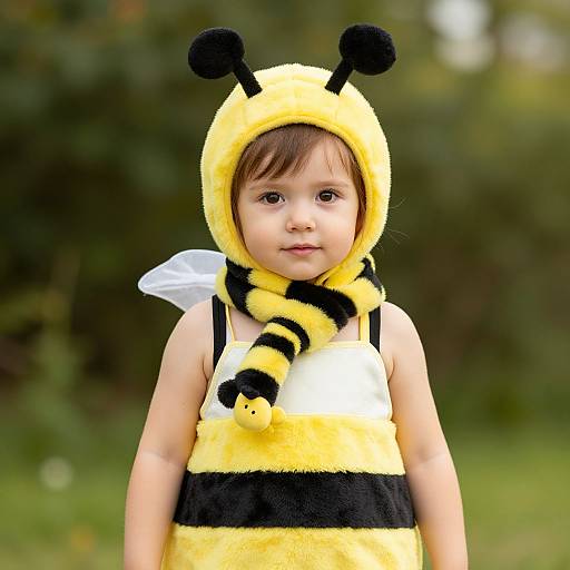 Photograph of a young child in a yellow and black bee costume with fuzzy hood, striped scarf, and antennae, standing outdoors with blurred greenery