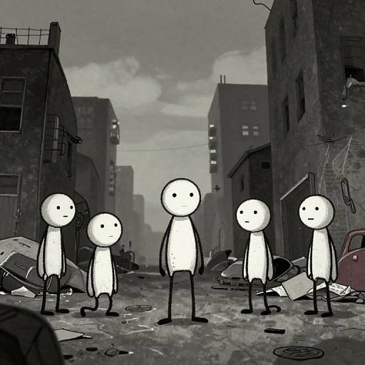 Digital drawing of five white stick figures standing in a dark, abandoned, and littered urban street with dilapidated buildings.