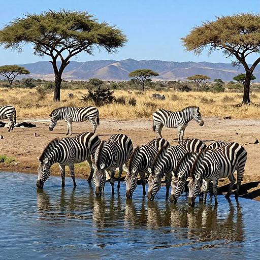 Photograph of a group of zebras drinking from a waterhole in a sunlit African savanna, with acacia trees and distant mountains in the