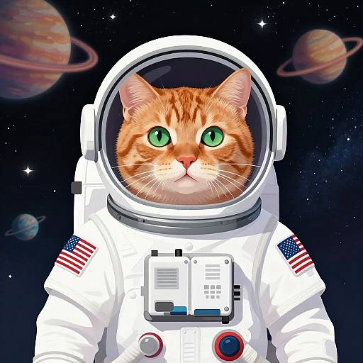 Digital illustration of a green-eyed orange tabby cat in a white astronaut suit with an American flag patch, gazing into space with planets in the background