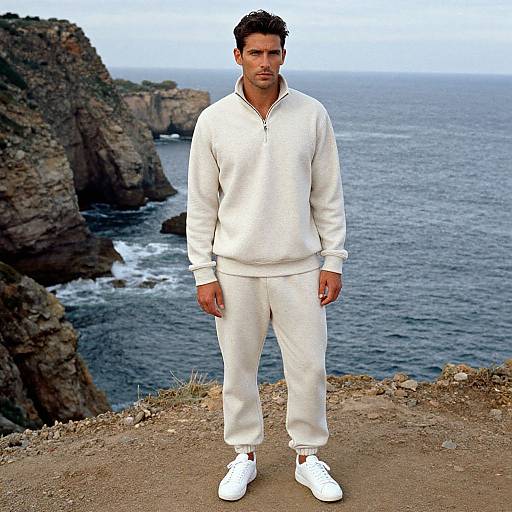 Photograph of a serious, dark-haired man in white tracksuit and white sneakers, standing on rocky cliff overlooking a blue ocean.