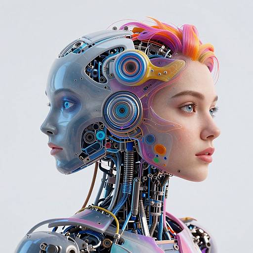 CGI digital art of a female robot with vibrant pink and orange hair, intricate mechanical parts, blue and orange circular components, and a white background.