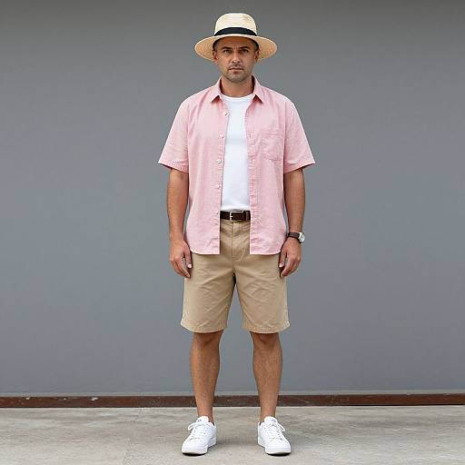 Photograph of a Black man in a pink short-sleeve shirt, beige shorts, white sneakers, white hat, and black belt, standing against