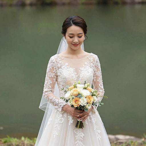 Photograph of an Asian bride in a white lace wedding dress with long sleeves, holding a bouquet of orange and white roses, standing by a green,