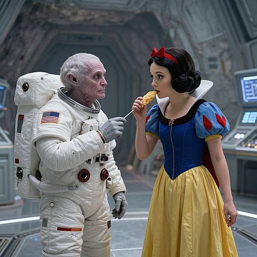 CGI image: Elderly astronaut in white suit with American flag, feeding Snow White a bite of food in a futuristic spaceship corridor.
