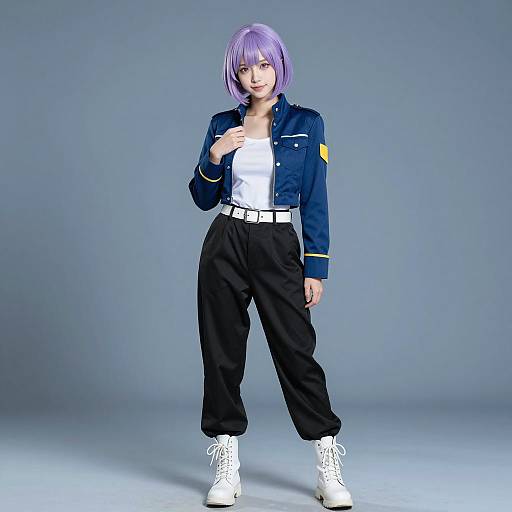 Cosplayer in Military-Style Outfit with Purple Hair