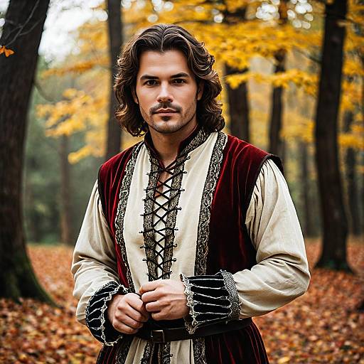 Man in Medieval Costume in Autumn Forest