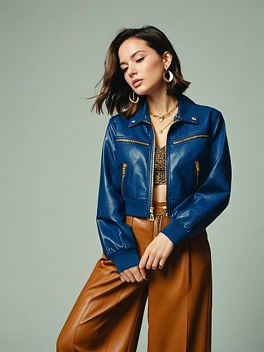 Woman in Trendy Blue Crop Jacket and Tan Wide-Leg Pants
