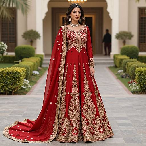 Photograph of a South Asian woman in a vibrant red, gold-embroidered traditional lehenga with a long, flowing veil, standing in a