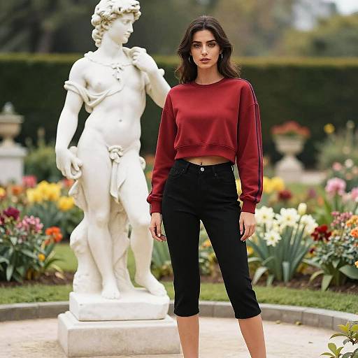 Sporty Woman in Flower Garden with Classical Statue