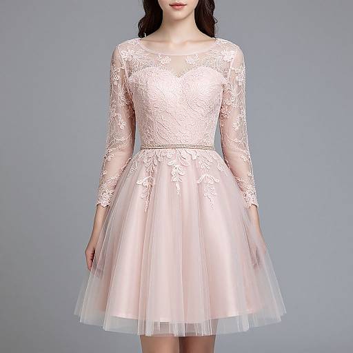 Photograph of a fair-skinned woman wearing a pastel pink, lace-trimmed, long-sleeve, knee-length dress with a sheer