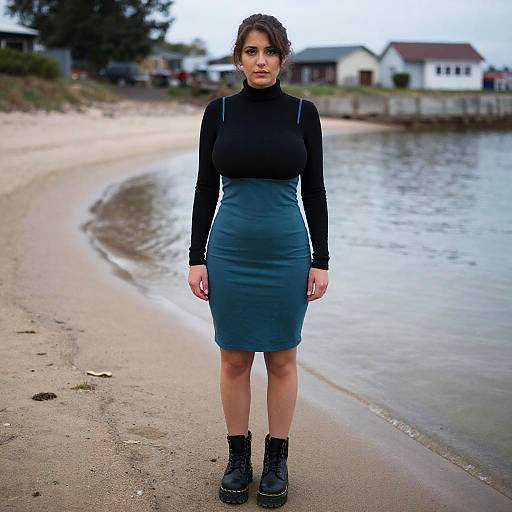 Photograph of a brunette woman with fair skin, wearing a black turtleneck and teal pencil skirt, standing on a sandy beach with calm water and