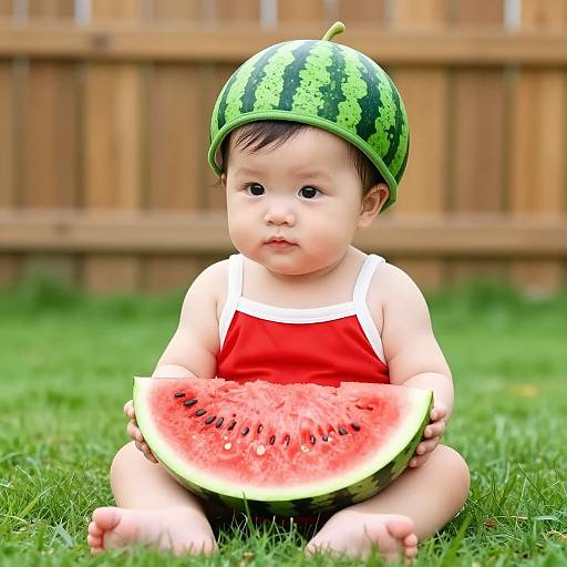 Photograph of an Asian baby in a red sleeveless top, wearing a watermelon helmet, sitting on grass, holding a watermelon slice. Wooden