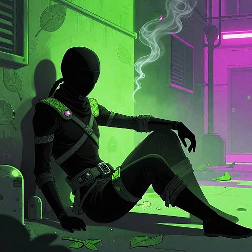 Digital art of a shadowy, masked figure in neon green and purple, sitting against a graffiti-covered wall, smoking, with scattered leaves.