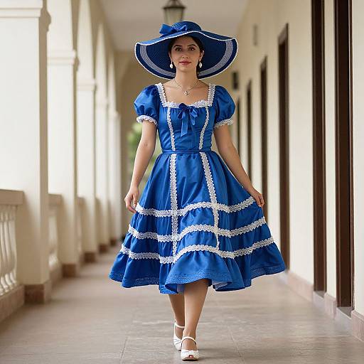 Photograph of a woman in a blue, puffed-sleeve dress with white lace trim, and a wide-brimmed blue hat, walking