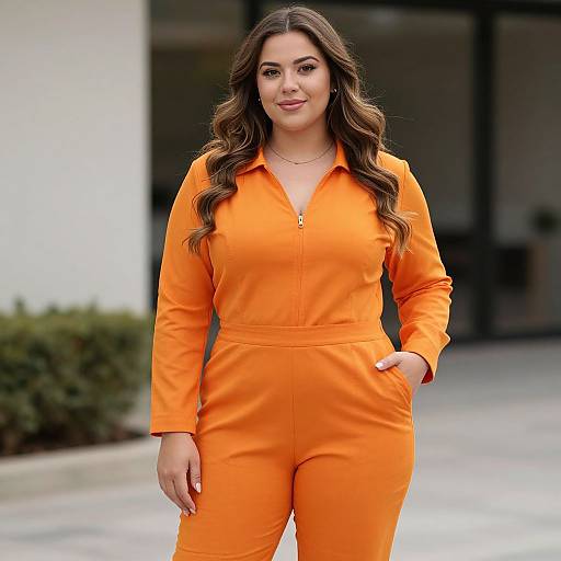 Photograph of a smiling woman with long, wavy brown hair wearing an orange jumpsuit, standing outdoors with a blurred background.