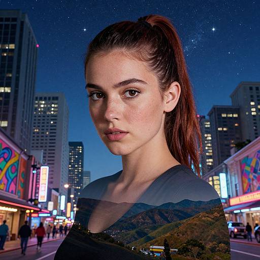 Photograph of a young woman with fair skin, brown hair in a ponytail, wearing a dark shirt with mountain print, standing in a vibrant,