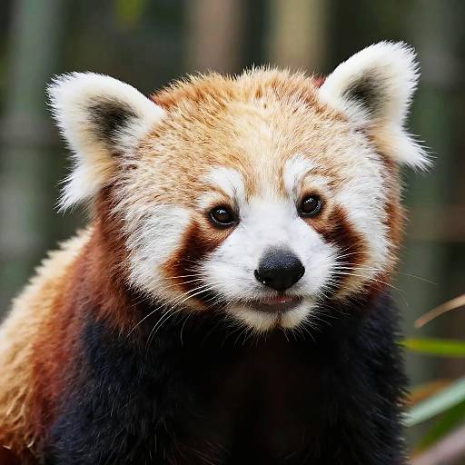 Close-up photograph of a red panda with fluffy, orange-brown and white fur, black nose, and expressive eyes, set against a blurred, green