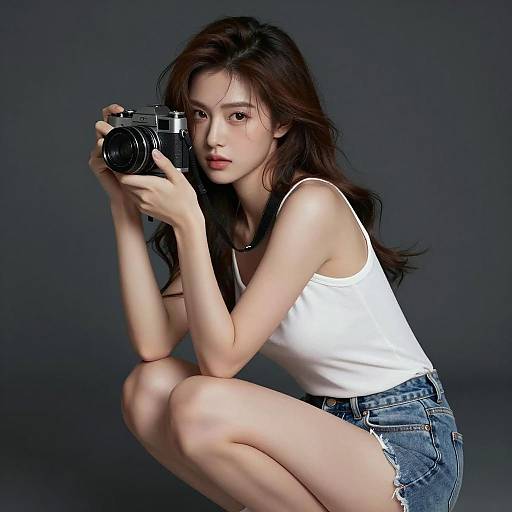 Young woman holding vintage camera