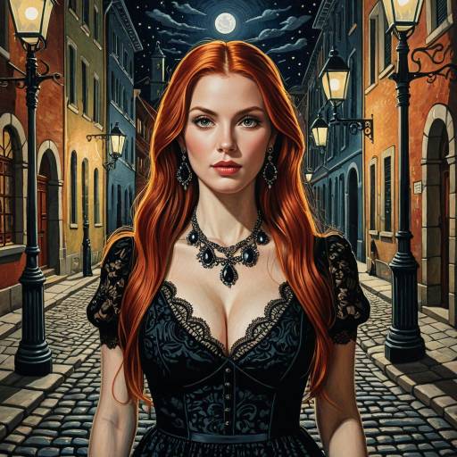 Redheaded Woman on Cobblestone Street at Night