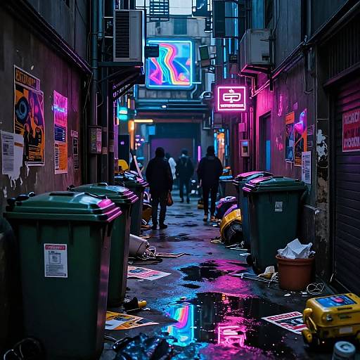 Neon-lit, cyberpunk alleyway at night, featuring glowing pink and blue lights, trash-filled ground, silhouetted pedestrians, and